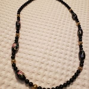 Black and floral handbags painted obsidian beaded necklace, very pretty,
